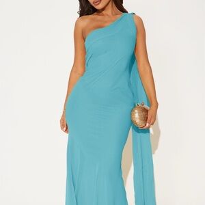 Fashion Nova One-Shoulder Turquoise Dress